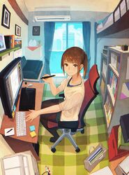  air_conditioner bag bed book bookshelf brown_eyes brown_hair building chair clock commentary_request computer_keyboard desk drawing_tablet female fisheye glass_door highres holding holding_stylus indoors kitsune_(kazenouta) loft_bed looking_at_viewer looking_up monitor notepad office_chair original pantyhose power_strip printer shelf sidelocks sliding_doors solo sticky_note stylus swivel_chair 