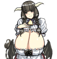  bat_wings bell black_eyes black_hair braid breasts cleavage cow_girl cow_horns cow_tail demon_wings dress female female gigantic_breasts horns long_breasts long_hair long_skirt looking_at_viewer magaki_ryouta maid monster_girl original pose sagging_breasts simple_background skirt smile solo standing tail twin_braids upper_body white_background wings 