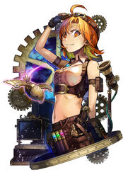  :3 adjusting_goggles ahoge aqua_hair arm_at_side arm_belt arm_up bad_id bad_pixiv_id bare_shoulders belt belt_buckle belt_pouch bird black_gloves breasts brown_hair buckle cable center_frills chains closed_mouth collared_shirt commentary_request crop_top eyelashes female fingerless_gloves frills from_side gears gem gloves glowing goggles goggles_on_head green_hair gun hair_between_eyes handgun highres holster idolmaster idolmaster_million_live! jewelry liquid looking_at_viewer machinery medium_breasts midriff multicolored_hair navel necklace night night_sky non-humanoid_robot orange_eyes orange_hair pendant portal_(object) pos_(shiratama-ya) pouch robot robot_animal shirt sky sleeveless smile solo sparkle steampunk stomach streaked_hair tassel test_tube weapon white_background white_shirt yabuki_kana 