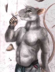  anthro black_eyes chuck_(whimsicalsquirrel) cigarette clock clothed clothing conditional_dnp fur grey_body grey_fur lighter male mammal murid murine pink_nose rat rodent slightly_chubby slightly_chubby_male topless watch whimsicalsquirrel whiskers zippo_lighter 