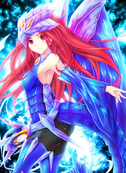  armor armpits commentary_request duel_monster emilia_(yu-gi-oh!) female highres long_hair looking_at_viewer nekroz_of_gungnir photoshop_(medium) red_hair smile tail takkayuuki wings yu-gi-oh! 