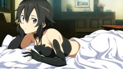  bed black_eyes black_hair blanket female lying official_art pillows shinon_(sao) solo sword_art_online 