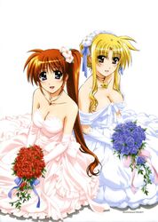  2girls absurdres bardiche blonde_hair blue_eyes bride brown_hair cleavage dress elbow_gloves fate_testarossa flower gloves headdress high_res long_hair mahou_shoujo_lyrical_nanoha multiple_girls oppai ponytail raising_heart red_eyes tagme takamachi_nanoha very_long_hair wedding_dress 