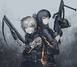  2girls back-to-back black_eyes black_hair blonde_hair blue_eyes buckle commentary_request elbow_pads fingerless_gloves gloves grin gun handgun height_difference hetza_(hellshock) holding holding_gun holding_weapon load_bearing_vest long_hair looking_at_viewer machine_gun multiple_girls original otsukai_(hetza) pkm ponytail shotgun shotgun_shell smile snap-fit_buckle sparks suzumi_(hetza) tattoo trigger_discipline weapon 