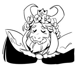  anthro asgore_dreemurr beard boss_monster_(undertale) bovid caprine closed_eyes crown facial_hair flower happy headgear horn long_ears male mammal mature_anthro mature_male monochrome plant simple_background smile solo undertale undertale_(series) white_background xamag 