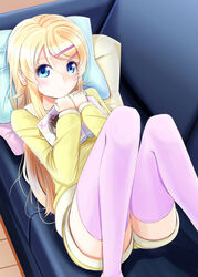  aoi_usagi_(marinebluerabbit) blonde_hair blue_eyes blush book commentary_request female hair_ornament hairclip kousaka_kirino legs legs_together long_hair long_legs long_sleeves lying on_back open_book ore_no_imouto_ga_konna_ni_kawaii_wake_ga_nai photoshop_(medium) pillow purple_thighhighs shirt shorts solo thighhighs yellow_shirt 