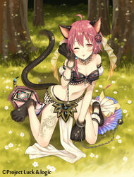  ;p ahoge animal_ears animal_hands bad_id bad_pixiv_id bandeau bare_shoulders blush brown_eyes cat_ears cat_girl cat_tail chains character_request closed_mouth collarbone commentary_request copyright_name copyright_notice day female forest full_body grass hair_between_eyes hina_logi_-_from_luck_&amp;_logic kneeling looking_at_viewer nature navel official_art on_grass one_eye_closed outdoors pelvic_curtain puffy_short_sleeves puffy_sleeves red_hair short_hair short_sleeves smile solo spike_ball tail tongue tongue_out tree yuuki_rika 