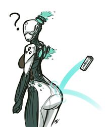  ? ass bodysuit breasts commentary_request explosive female grenade highres kimyouna_juju looking_at_viewer medium_breasts nova_(warframe) ricocheting simple_background solo thighs warframe white_background 