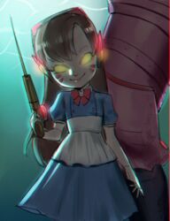  a_(saintblue09) apron bad_id bad_pixiv_id bioshock_(series) bioshock_1 blue_dress brown_hair chromatic_aberration colored_sclera cosplay d.va_(overwatch) dress evil_smile facial_mark female headphones holding holding_syringe little_sister_(bioshock) little_sister_(bioshock)_(cosplay) long_hair no_pupils overwatch overwatch_1 smile solo_focus syringe waist_apron weapon whisker_markings yellow_eyes yellow_sclera 