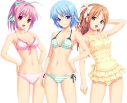  3girls :d bikini bow casual_one-piece_swimsuit cleavage front-tie_top hairbow high_res himuro_rikka hinata_hanabi koutaro long_hair minazuki_izumi mizugi navel one-piece_swimsuit open_mouth oppai polka_dot polka_dot_bikini polka_dot_swimsuit side-tie_bikini smile striped striped_bikini striped_swimsuit transparent_png tropical_kiss 