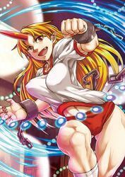  :d blonde_hair broken broken_chain buruma chains clenched_hand commentary_request cuffs danmaku female fingernails horns hoshiguma_yuugi long_fingernails long_hair muscular muscular_female nail_polish oerba_yun_fang open_mouth phenne red_buruma red_eyes shirt single_horn smile solo t-shirt touhou v-shaped_eyebrows 