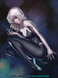  blonde_hair blue_eyes bodysuit dark_background elizabeth_torque female fetal_position gwen_stacy hood marvel parted_lips spandex spider spider-gwen spider-man_(series) spider_web 