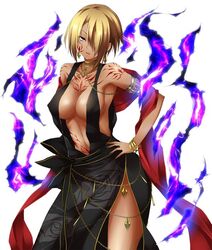  armlet blonde_hair blue_rabbit bracelet breasts character_request choker cleavage dark_skin dress earrings gara_ayuri hand_on_hip jewelry large_breasts lilith-soft magic purple_eyes ring short_hair side_slit taimanin_asagi taimanin_asagi_battle_arena tattoo weapon white_background 