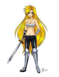  armor blonde_hair blue_eyes janne_d&#039;arc leather leather_pants long_hair neo_geo pants sword weapon world_heroes 