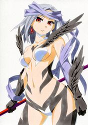  breasts commentary_request earrings female highres holding iona_(wixoss) jewelry kawachi_koorogi looking_at_viewer marker_(medium) medium_breasts navel red_eyes selector_wixoss short_hair silver_hair single_earring solo stick traditional_media wings wixoss 