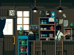  analog_clock animated animated black_hair blue_flower bottle cafe cash_register chair clock cup fish_tank flickering flower indoors long_hair lowres monochrome original overalls pixel_art ponytail shirt solo teacup toyoi_yuuta white_shirt window 