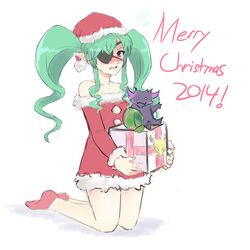  bad_id bad_tumblr_id bare_shoulders blush box christmas detached_sleeves dress eyepatch female flat_chest gift gift_box green_hair hat highres long_hair oerba_yun_fang pheles_izayoi pink_eyes pointy_ears red_dress red_seiryu red_socks santa_costume santa_hat sidelocks socks solo strapless strapless_dress stuffed_toy the_guided_fate_cross_thesis twintails 