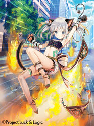  animal_ears animal_hands arm_up bad_id bad_pixiv_id bandeau blue_sky blush building cat_ears cat_girl cat_tail chains closed_mouth cloud cloudy_sky commentary_request copyright_name copyright_notice day female fire gloves grey_eyes grey_hair hina_logi_-_from_luck_&amp;_logic midriff navel nina_alexandrovna no_shoes official_art outdoors paw_gloves short_shorts shorts single_thighhigh sky skyscraper solo spike_ball tail thighhighs tree twintails v-shaped_eyebrows white_shorts white_thighhighs yuuki_rika 