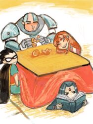  2boys 2girls alien bald black_hair book cape cartoon_network cloak cyborg cyborg_(dc) dark_skin dc_comics dick_grayson domino_mask eating food forehead_jewel fruit grey_skin kotatsu mandarin_orange mask multiple_boys multiple_girls on_stomach orange orange_skin purple_hair raven_(dc) reading red_hair robin_(dc) sitting smile starfire table teen_titans victor_stone 