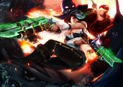  bad_link bare_shoulders bayonet blue_eyes boat boots breasts chomper cleavage detached_sleeves dual_wielding explosion fangs female fizz_(league_of_legends) gun handgun hat highres holding jules_gregorio lace large_breasts league_of_legends long_hair mask mask_over_one_eye miss_fortune_(league_of_legends) photoshop_(medium) red_hair smile solo watercraft weapon witch_hat 