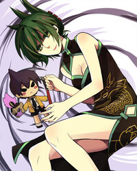  breasts china_dress chinese_clothes cleavage commentary_request dress gatakuri green_eyes green_hair lying photoshop_(medium) shaman_king short_hair smile tao_jun tao_ren 