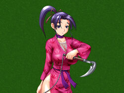  brown_hair chained_weapon exposed_thigh green_background kousaka_shigure looking_at_viewer netting ninja ponytail purple_collar red_hair_ribbon scythe shijou_saikyou_no_deshi_kenichi shin_nihon_pepsitou 