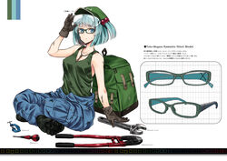  alternate_costume backpack bag bespectacled blue_eyes blue_hair bolt_cutters boots c-clamp character_name commentary_request dirty female glasses gloves hair_bobbles hair_ornament hat jewelry kawashiro_nitori key looking_at_viewer nabeshima_tetsuhiro necklace pants photoshop_(medium) safety_glasses screwdriver shirt short_hair simple_background sitting sleeveless solo text_focus tools touhou two_side_up white_background wrench 