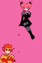  1boy bodysuit cartoon_network couple dc_comics dress female flower gloves jinx kid_flash mask orange_hair pink_hair rose striped striped_legwear teen_titans wally_west 