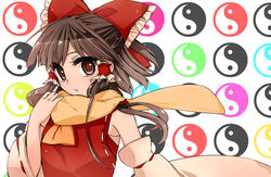  ascot bow brown_eyes brown_hair colorful commentary_request detached_sleeves expressionless female fujino_ichi hair_tubes hairbow hakurei_reimu red_bow ribbon-trimmed_clothes ribbon-trimmed_sleeves ribbon_trim sarashi scarf scarf_grab solo touhou upper_body yin_yang 