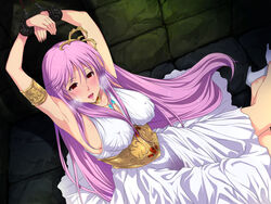  80&#039;s 80s arms_up athena bondage chains collar cuffs dress empty_eyes erect_nipples goddess handcuffs long_hair open_mouth pleasure pleasure_face purple_hair red_eyes saint_seiya saliva saori_kido sitting soiling sweat urine white_dress 