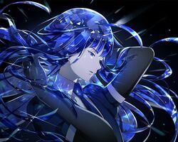  black blue_eyes blue_hair cropped elbow_gloves gloves houseki_no_kuni lapis_lazuli long_hair ng_(chaoschyan) tie 