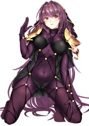  armor bodysuit breasts chains commentary covered_navel fate/grand_order fate_(series) female head_chain highres jewelry large_breasts long_hair looking_at_viewer pauldrons pirapirapirapira purple_bodysuit purple_hair red_eyes scathach_(fate) shoulder_armor veil 