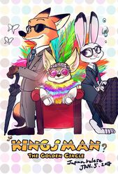  2018 anthro briefcase business_suit canid canine clothing disney eggsy_unwin elton_john eyewear female fennec_fox finnick_(zootopia) fox fur glasses green_eyes group harry_hart judy_hopps kingsman lagomorph leporid male mammal mitsuharu nick_wilde purple_eyes question_mark rabbit red_fox simple_background size_difference suit text true_fox umbrella zootopia 