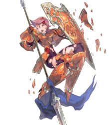  armor armored_boots boots female fire_emblem fire_emblem:_the_binding_blade fire_emblem_heroes full_body gloves gwendolyn_(fire_emblem) headband highres injury masao_tsubasa official_art one_eye_closed open_mouth orange_armor orange_eyes pink_hair polearm shield solo spear teeth torn_clothes transparent_background weapon 