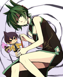  breasts china_dress chinese_clothes cleavage commentary_request dress gatakuri green_eyes green_hair lying shaman_king short_hair smile tao_jun tao_ren 