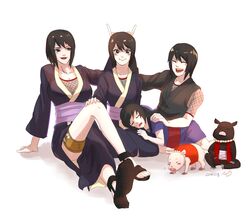  black_hair blush female highres holster legs may_c_(lovemeiko) multiple_persona naruto naruto:_road_to_ninja naruto_shippuuden older shizune_(naruto) sitting smile thigh_holster tonton_(naruto) younger 