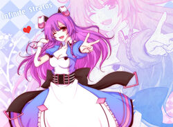  animal_ears ayo_(alixce) bad_id bad_pixiv_id bow breasts cleavage copyright_name dress female heart infinite_stratos long_hair mechanical_parts medium_breasts one_eye_closed pink_eyes purple_hair shinonono_tabane smile solo v zoom_layer 