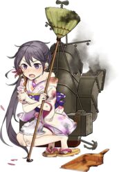  akebono_(kancolle) akebono_(new_year_mode)_(kancolle) bell black_eyes black_hair broom bruise defeat dirty dirty_feet drew_(drew213g) dustpan female flower full_body geta hair_bell hair_flower hair_ornament holding injury japanese_clothes jingle_bell kantai_collection kimono long_hair looking_at_viewer machinery official_alternate_costume official_art open_mouth petals sandals short_kimono side_ponytail solo squatting torn_clothes transparent_background very_long_hair 