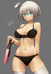  ahoge aqua_eyes arc_system_works blush bra breasts clover elphelt_valentine female four-leaf_clover guilty_gear guilty_gear_xrd guilty_gear_xrd:_revelator gun looking_at_viewer mound_of_venus navel panties rokuro short_hair silver_hair smile solo thighhighs underwear weapon zaki_(narashigeo) 