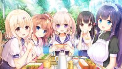  ameto_yuki apron aqua_eyes black_hair blonde_hair braids breasts brown_hair chiyuki_touko drink food game_cg giga group hanatsuka_aika headdress hinata_momo hisama_kumako katagiri_tsubame kozuya_riku kumakura_yoake kurasawa_moko long_hair ponytail purple_eyes seifuku soi_kano_~gyutto_dakishimete~ twintails 