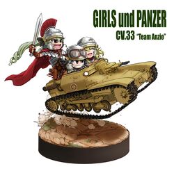  3girls :d ^_^ absurdres anchovy_(girls_und_panzer) anzio_(emblem) armor blonde_hair breastplate brown_eyes brown_gloves cape carpaccio_(girls_und_panzer) carro_veloce_cv-33 caterpillar_tracks closed_eyes commentary_request copyright_name drill_hair emblem faux_figurine fingerless_gloves girls_und_panzer gladius gloves goggles goggles_on_head greco-roman_clothes green_hair grin gun hair_between_eyes handgun helmet highres holding holding_sword holding_weapon hone_(honehone083) italy legionnaire long_hair military military_vehicle motor_vehicle multiple_girls oerba_yun_fang open_mouth pauldrons pepperoni_(girls_und_panzer) plate_armor plume pouch red_cape roman_armor roman_clothes roman_empire short_hair shoulder_armor smile sword tank twin_drills weapon 