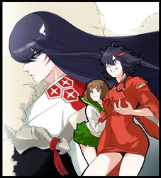  3girls animal_ears bad_id bad_pixiv_id blue_eyes brown_eyes cosplay cowboy_shot crossover dukehare highres higurashi_kagome higurashi_kagome_(cosplay) inuyasha inuyasha_(character) inuyasha_(character)_(cosplay) kill_la_kill kiryuuin_satsuki long_hair mankanshoku_mako matoi_ryuuko multicolored_hair multiple_girls school_uniform sesshoumaru sesshoumaru_(cosplay) short_hair siblings sisters two-tone_hair 