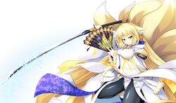  animal_ears bad_id bad_pixiv_id blonde_hair female folding_fan fox_ears fox_tail green_eyes hand_fan highres japanese_clothes katana kyoukaisenjou_no_horizon long_hair mogami_yoshiaki_(horizon) multiple_tails pantyhose petals solo sword tail tebukuro very_long_hair weapon 