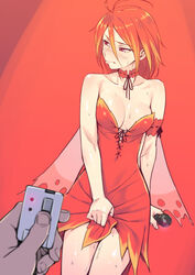  amagi_brilliant_park bare_shoulders blurry blush breasts bubuzuke choker commentary_request controller depth_of_field dress dress_tug female large_breasts legs_together microphone pout pov red_background red_dress red_eyes red_hair remote_control remote_control_vibrator salama_(amaburi) sex_toy short_dress short_hair simple_background solo_focus sweat vibrator wireless_sex_toy_controller 