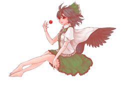  alternate_hair_length alternate_hairstyle barefoot black_hair black_wings blouse bow cape commentary_request feathered_wings female full_body green_bow green_skirt hairbow legs lips ma_nyan_(nyao_mao_nyao) puffy_short_sleeves puffy_sleeves red_eyes reiuji_utsuho shirt short_sleeves skirt solo touhou white_shirt wings 