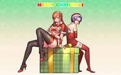  1boy blue_eyes breasts choker christmas cleavage commentary_request crossdressing female garter_straps gift glasses gundam gundam_build_fighters gundam_build_fighters_try headband high_heels highres kamiki_mirai kousaka_yuuma large_breasts leg_up legs long_hair long_legs merry_christmas orange_hair photoshop_(medium) purple_eyes purple_hair ryushin santa_costume short_hair sitting thighhighs thighs underboob 