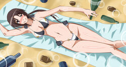  bikini black_eyes black_hair blush bottle breasts brown_hair drunk female female karikaribe-kon kyoukaisenjou_no_horizon long_hair oriotorai_makiko ponytail solo swimsuit 