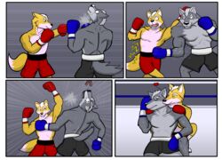  anthro bodily_fluids border boxing canid canine canis clothed clothing duo fight fox fox_mccloud heart_symbol hi_res hunter-husky kissing kissing_cheek male male/male mammal muscular muscular_male nintendo sport star_fox sweat topless white_border wolf wolf_o&#039;donnell 