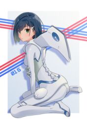  absurdres arm_up ass between_legs blue_hair bodysuit commentary darling_in_the_franxx ears_visible_through_hair female gradient_background green_eyes grey_bodysuit hair_between_eyes hair_ornament hand_between_legs highres ichigo_(darling_in_the_franxx) looking_at_viewer multicolored_footwear nraib pilot_suit short_hair sitting solo white_bodysuit 