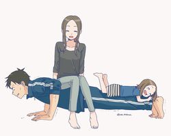  1boy 2girls aged_up bad_id bad_pixiv_id barefoot black_hair brown_hair closed_eyes exercising family father_and_daughter highres husband_and_wife jacket karakai_jouzu_no_(moto)_takagi-san karakai_jouzu_no_takagi-san long_hair mother_and_daughter multiple_girls nishikata nishikata_chii open_mouth pants push-ups shishamo_(abc_shishamo) sitting sitting_on_person smile spoilers sweat takagi-san track_suit trembling 